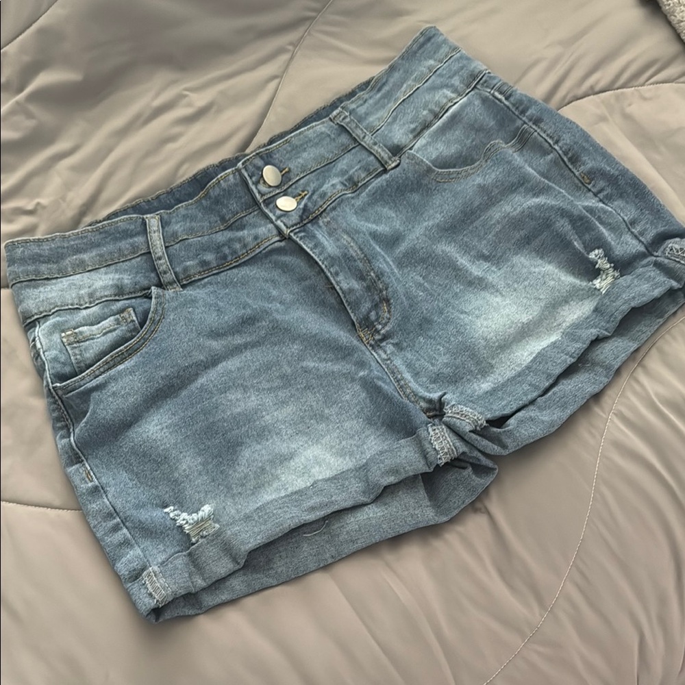 Blue Distressed Jean Shorts with Cuffed Hem